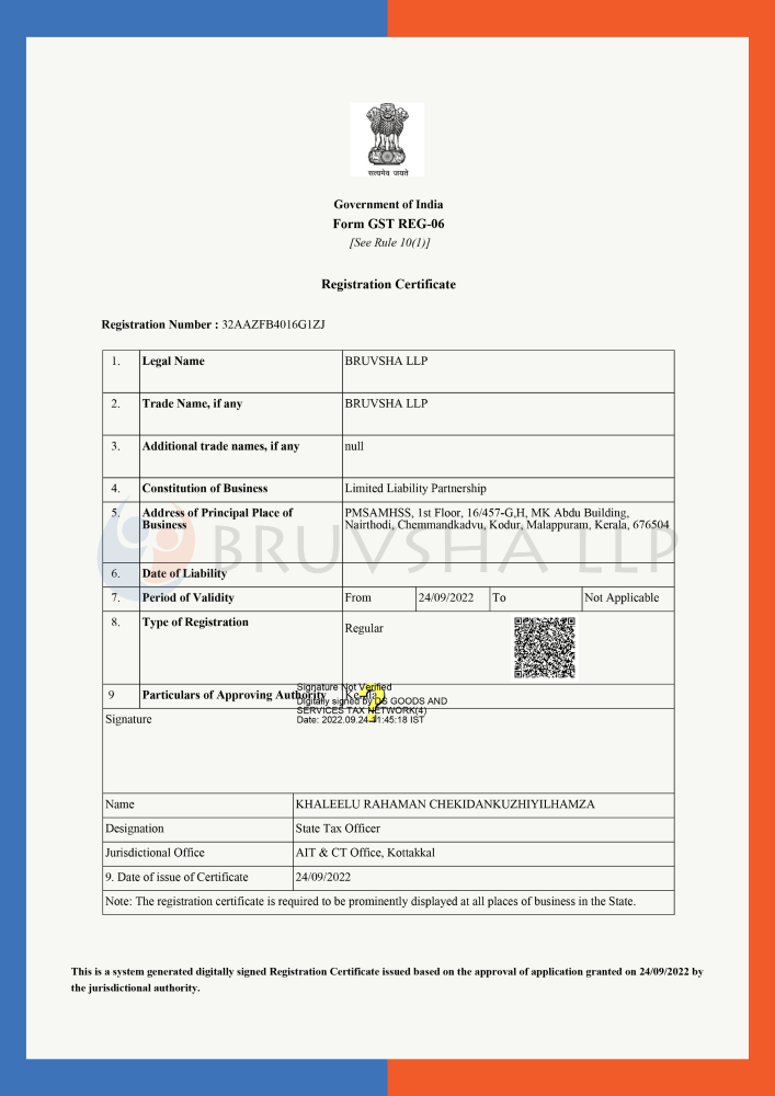 Gst Registration Certificate bruvsha kerala LLP